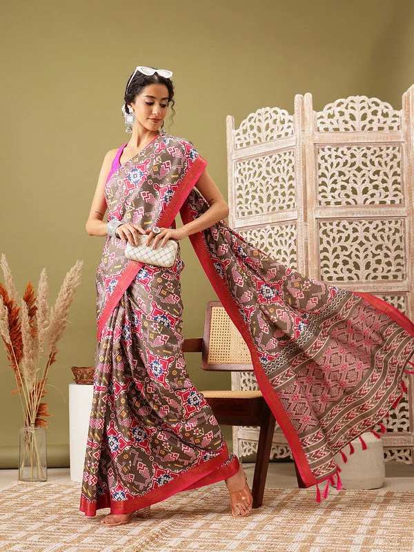 Olive Silk Blend Digital Print Ikkat Saree with Unstitched Blouse - Hiral Fashion Semi-Sheer Blouse Olive Silk Blend Digital Print Ikkat Saree with Unstitched Blouse - Hiral Fashion Semi-Sheer Blouse