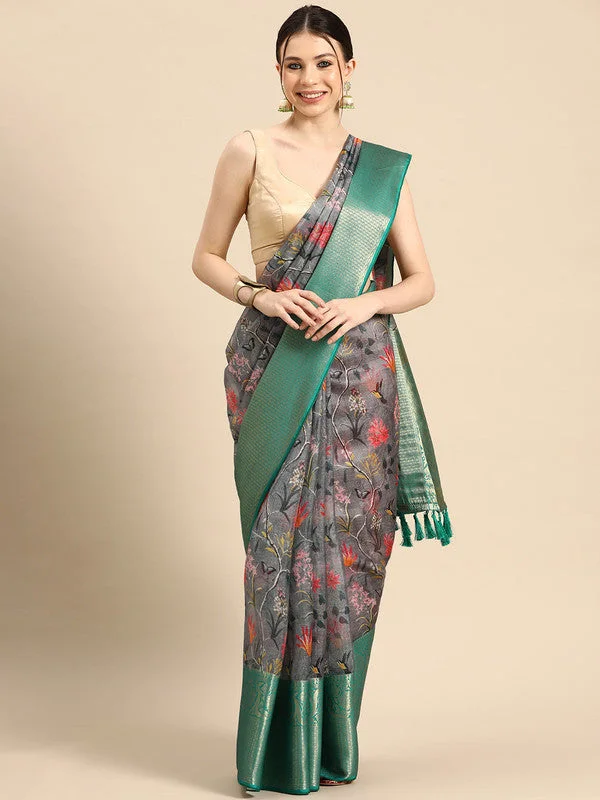 Gray Munga Silk Digital Print Floral Saree with Unstitched Blouse - Hiral Fashion Soft Knit Blouse Gray Munga Silk Digital Print Floral Saree with Unstitched Blouse - Hiral Fashion Soft Knit Blouse