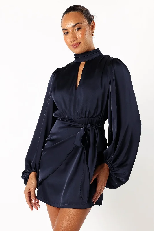Opaline Long Sleeve Mini Dress - Navy Stylish Button-Down Mini Dress