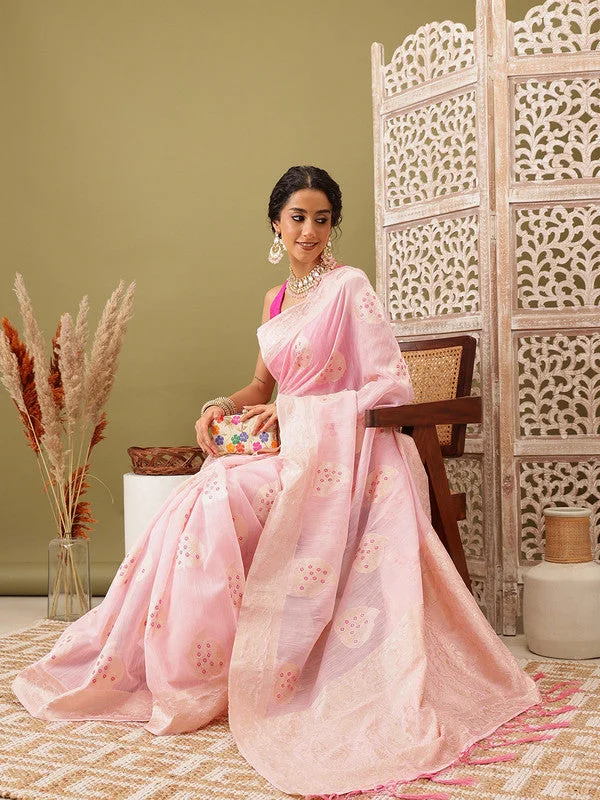 Light Pink Linen Woven Thread Floral Saree with Unstitched Blouse - Hiral Fashion Smart Casual Blouse Light Pink Linen Woven Thread Floral Saree with Unstitched Blouse - Hiral Fashion Smart Casual Blouse
