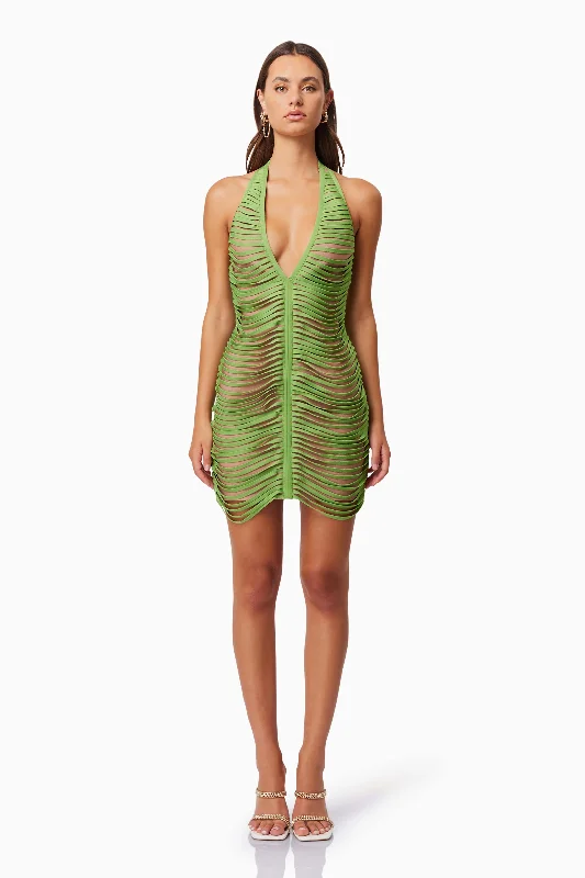 Stella Halter Neck Mini Dress - Green Cozy Sweater Mini Dress