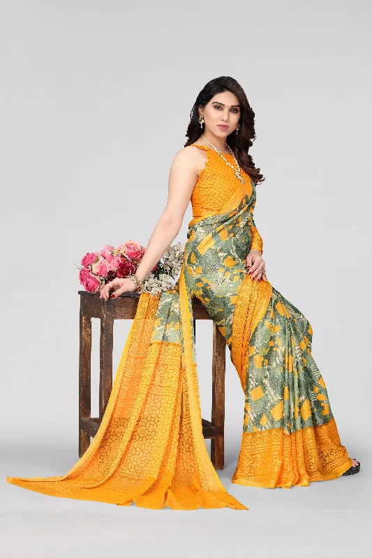 NOZ2TOZ Women Party Wear Printed Brasso Chiffon Saree with Unstitched Blouse - Mustard Backless Summer Blouse NOZ2TOZ Women Party Wear Printed Brasso Chiffon Saree with Unstitched Blouse - Mustard Backless Summer Blouse