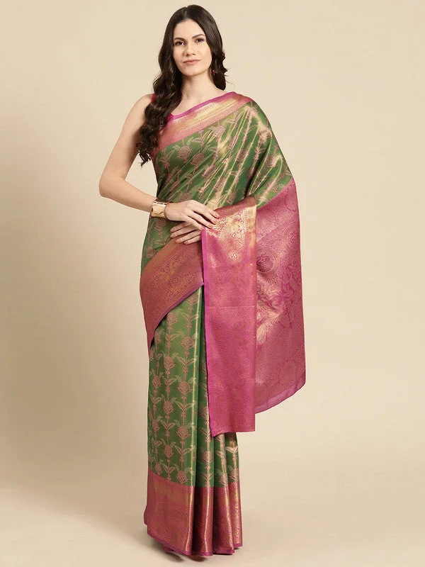 Green Brocade Zari Woven Floral Saree with Unstitched Blouse - Hiral Fashion Office Formal Blouse Green Brocade Zari Woven Floral Saree with Unstitched Blouse - Hiral Fashion Office Formal Blouse