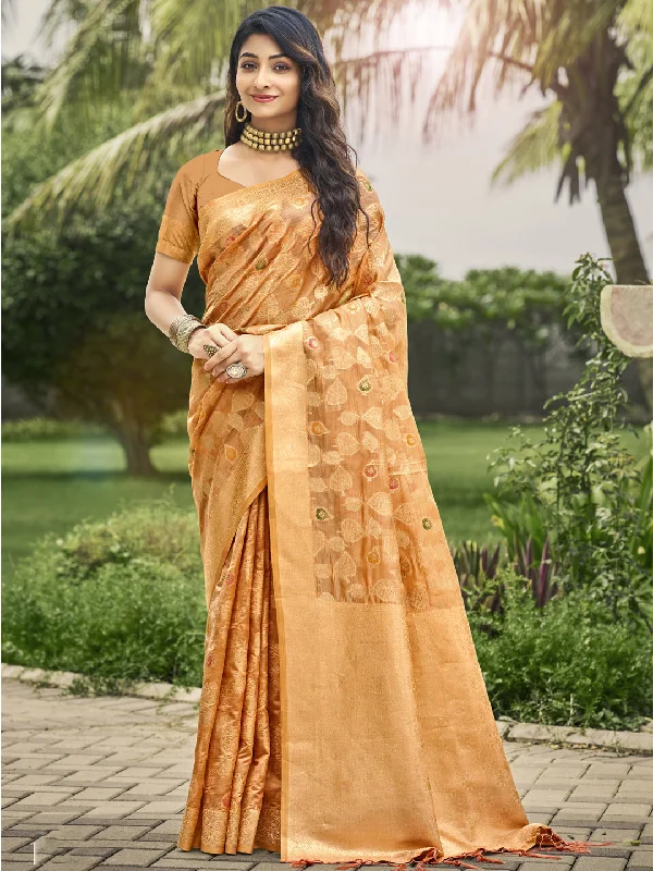 Women Orange Organza Saree With Un Stitched Blouse - Aanika Collared Satin Blouse