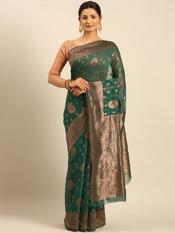 Women Green Cotton Saree With Un Stitched Blouse - Aanika Soft Satin Blouse