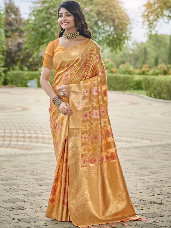 Women Orange Organza Saree With Un Stitched Blouse - Aanika Casual Relaxed Fit Blouse Women Orange Organza Saree With Un Stitched Blouse - Aanika Casual Relaxed Fit Blouse
