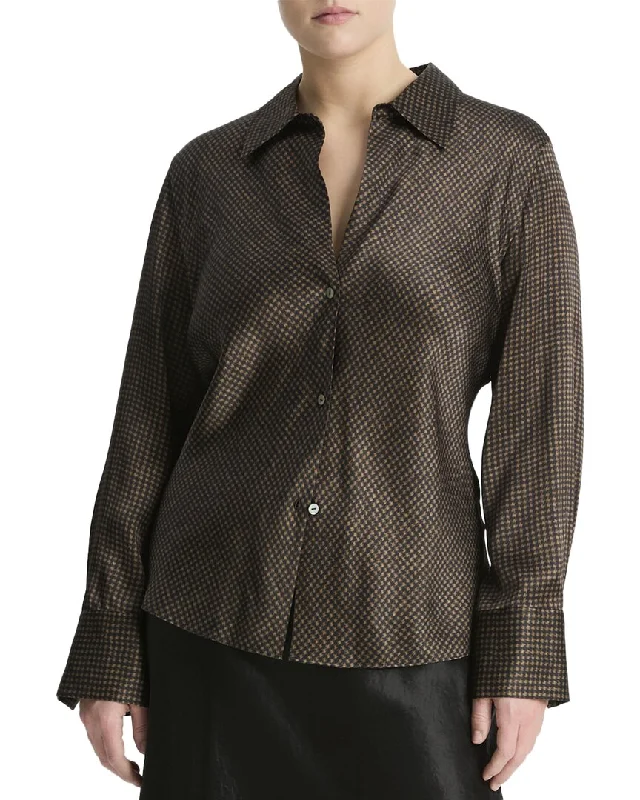 Vince Houndstooth Bias Silk Blouse Elegant Office Blouse
