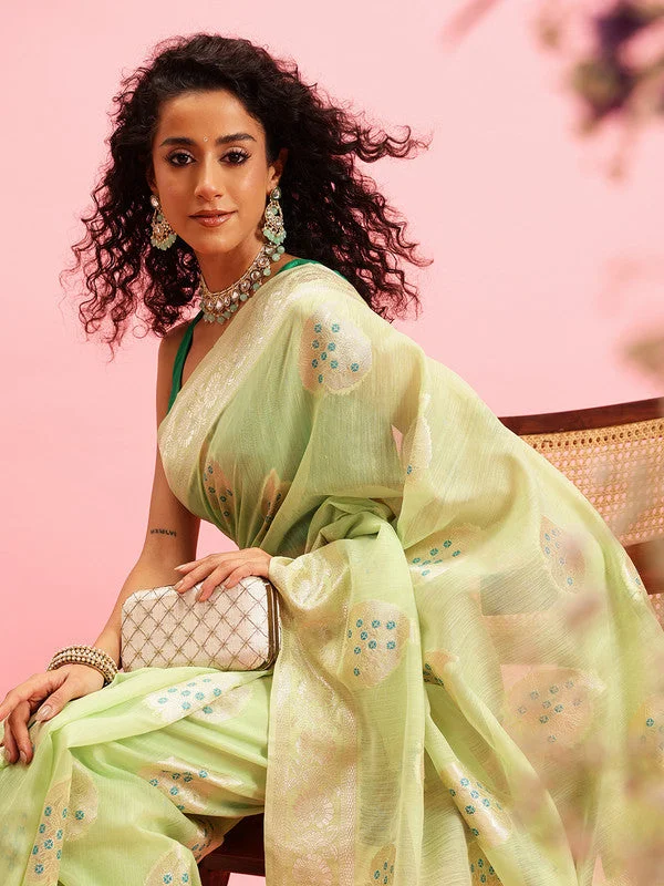Green Linen Woven Thread Floral Saree with Unstitched Blouse - Hiral Fashion Casual Relaxed Fit Blouse Green Linen Woven Thread Floral Saree with Unstitched Blouse - Hiral Fashion Casual Relaxed Fit Blouse