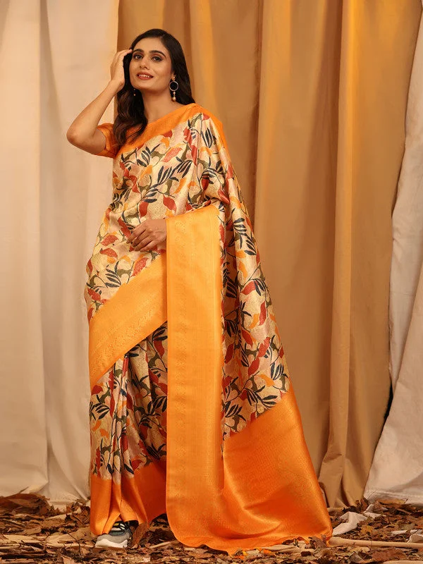 Orange Silk Blend Woven Zari Design Floral Saree with Unstitched Blouse - Hiral Fashion Smart Business Blouse Orange Silk Blend Woven Zari Design Floral Saree with Unstitched Blouse - Hiral Fashion Smart Business Blouse