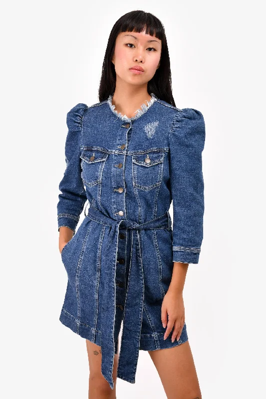 Retrofete Blue Denim Puff Shouldered Mini Dress with Belt Size S Classic Striped Mini Dress Retrofete Blue Denim Puff Shouldered Mini Dress with Belt Size S Classic Striped Mini Dress