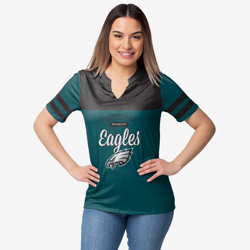 Philadelphia Eagles Womens Team Stripe Property Of V-Neck T-Shirt-- Terry Blend Velvet Blend Canvas Blend Philadelphia Eagles Womens Team Stripe Property Of V-Neck T-Shirt-- Terry Blend Velvet Blend Canvas Blend