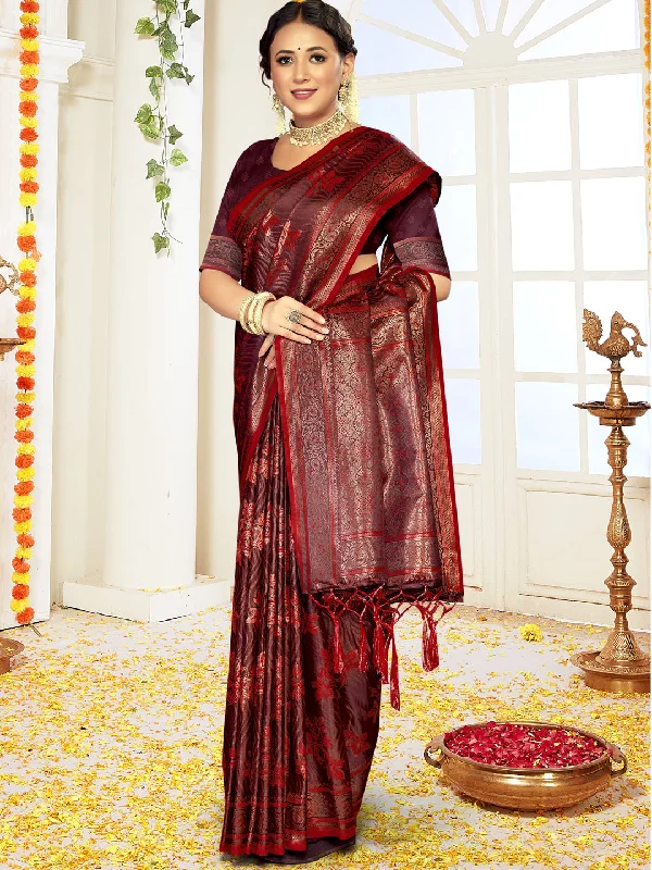 Women Red Satin Silk Saree With Un Stitched Blouse - Aanika Floral Print Blouse