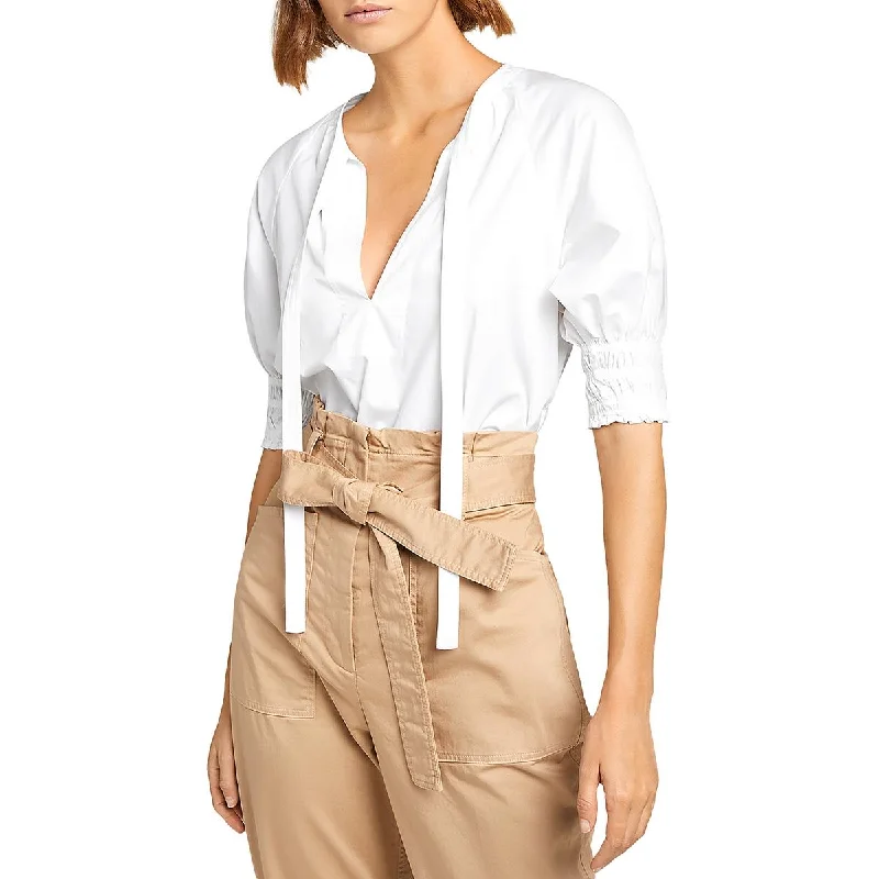 Womens Tie Neck Solid Blouse Bell Sleeve Blouse