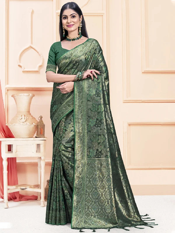 Women Green Satin Silk Saree With Un Stitched Blouse - Aanika Boho Printed Blouse