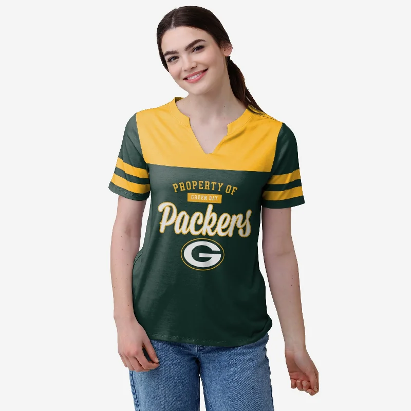 Green Bay Packers Womens Team Stripe Property Of V-Neck T-Shirt-- Chenille Blend Fleece Blend Nylon Blend Green Bay Packers Womens Team Stripe Property Of V-Neck T-Shirt-- Chenille Blend Fleece Blend Nylon Blend