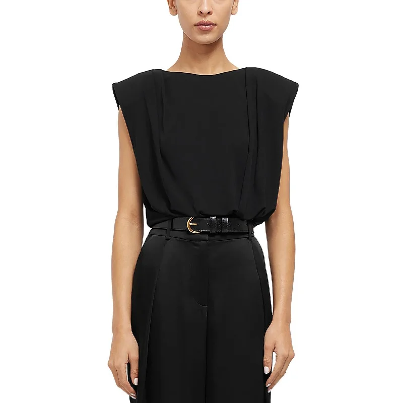 Womens Ruched Shoulder Pads Blouse Elegant Embroidery Blouse