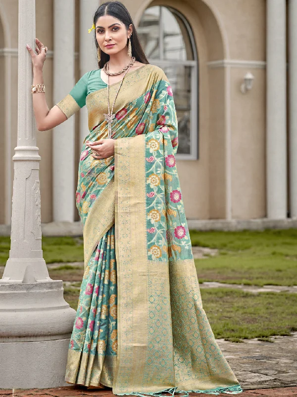 Women Sky Blue Organza Saree With Un Stitched Blouse - Aanika Romantic Lace Blouse