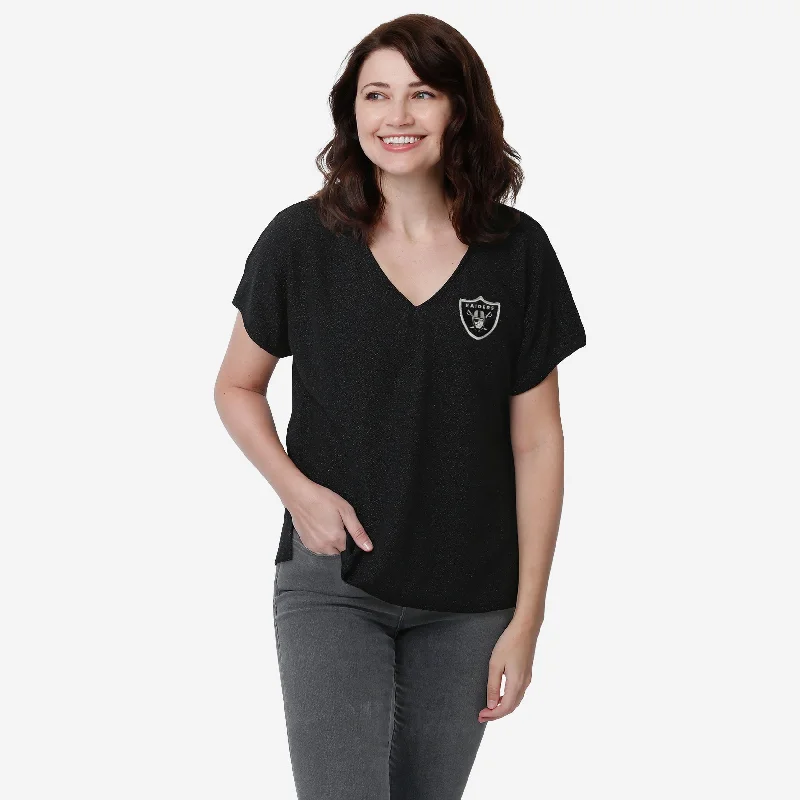 Las Vegas Raiders Womens Gametime Glitter V-Neck T-Shirt-- Striped Floral Plaid