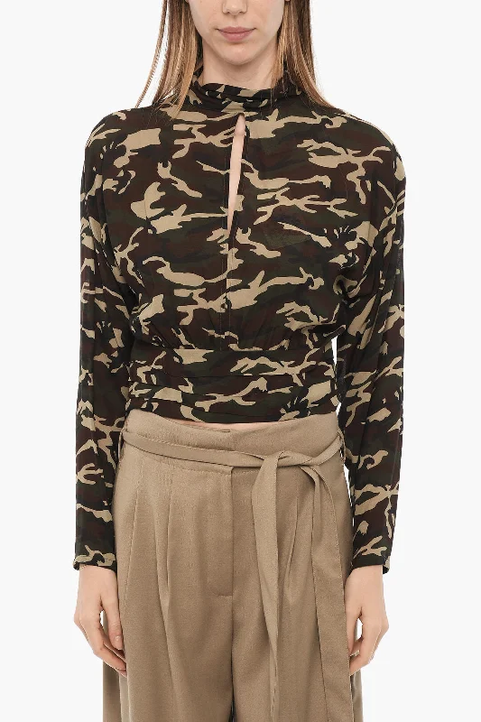 SEMICOUTURE Camouflage Cropped Blouse with Cut Out Detail 44 Italian size Stretchy Fitted Blouse SEMICOUTURE Camouflage Cropped Blouse with Cut Out Detail 44 Italian size Stretchy Fitted Blouse