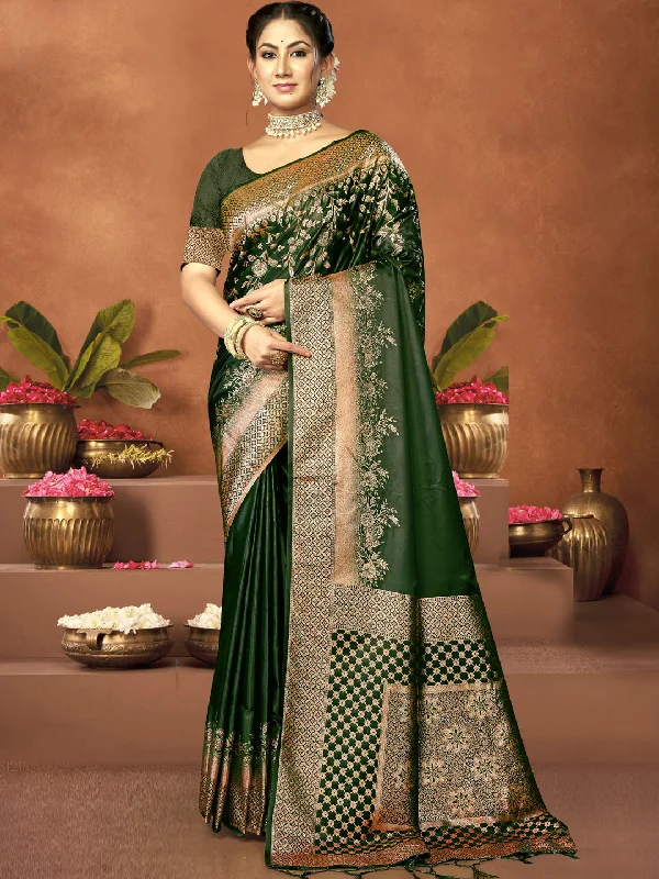 Women Green Satin Silk Saree With Un Stitched Blouse - Aanika Mandarin Collar Blouse Women Green Satin Silk Saree With Un Stitched Blouse - Aanika Mandarin Collar Blouse