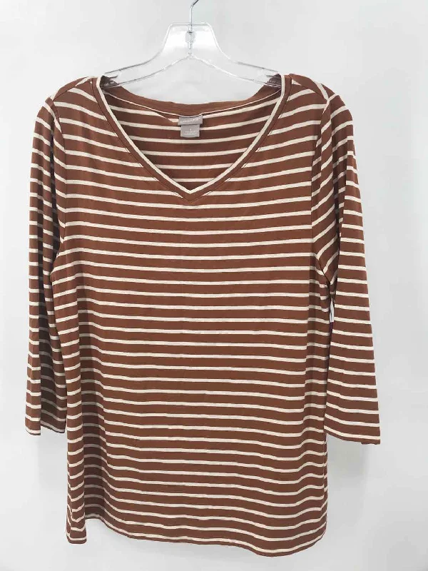 Pre-Owned Chico's Brown Size Medium Stripe 3/4 Sleeve T-shirt-- Oversized T-Shirt Spandex breathable Pre-Owned Chico's Brown Size Medium Stripe 3/4 Sleeve T-shirt-- Oversized T-Shirt Spandex breathable