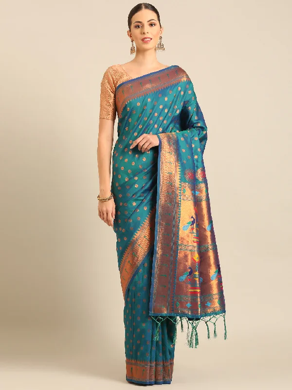Women Turquoise Banarasi Silk Saree With Un Stitched Blouse - Aanika Romantic Lace Blouse
