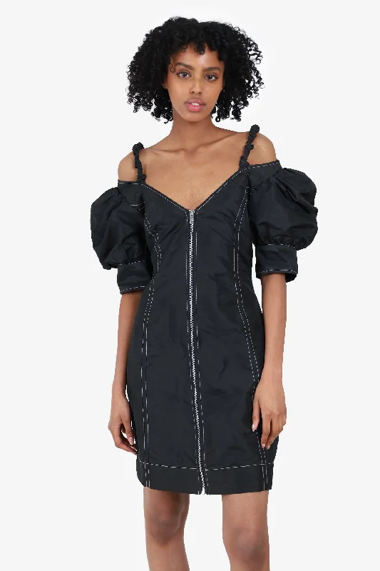 Ganni Black Off The Shoulder Zip-Down Mini Dress Size 36 Stylish Button-Down Mini Dress