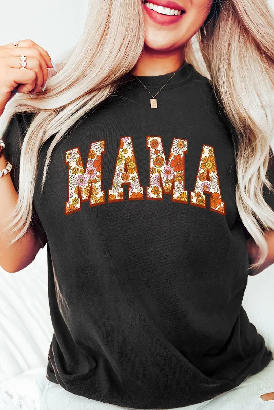 Black Flower Printed MAMA Letter Graphic T-shirt-- Modern Contemporary Chic