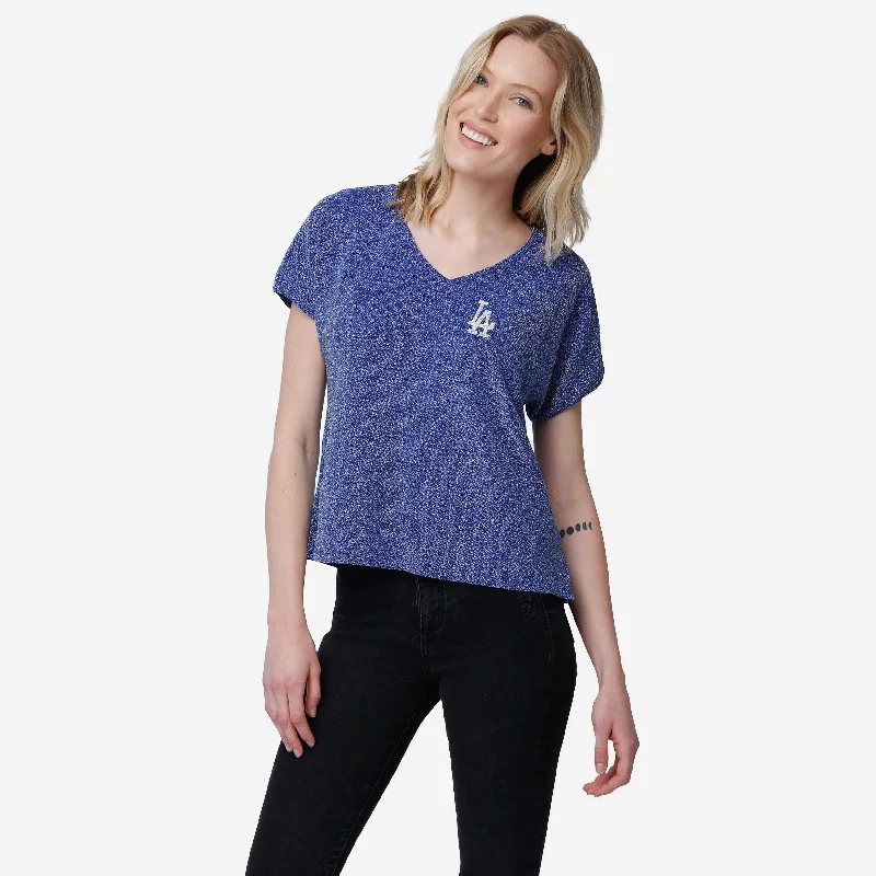 Los Angeles Dodgers Womens Gametime Glitter V-Neck T-Shirt-- Real Fur Shearling Chenille Los Angeles Dodgers Womens Gametime Glitter V-Neck T-Shirt-- Real Fur Shearling Chenille