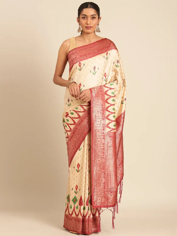 Women Cream Silk Saree With Un Stitched Blouse - Aanika Satin Long Blouse