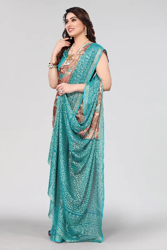 NOZ2TOZ Women Party Wear Printed Brasso Chiffon Saree with Unstitched Blouse - Rama Vintage Polka Blouse NOZ2TOZ Women Party Wear Printed Brasso Chiffon Saree with Unstitched Blouse - Rama Vintage Polka Blouse