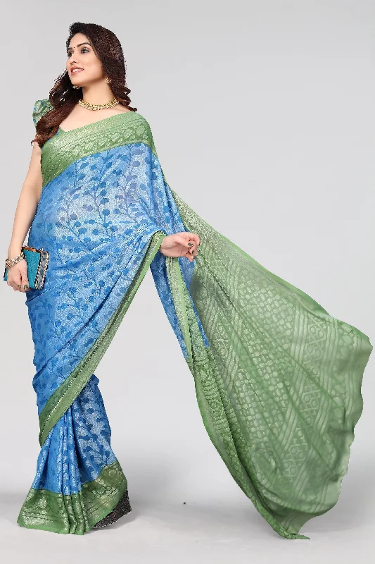 NOZ2TOZ Women Party Wear Printed Brasso Chiffon Saree with Unstitched Blouse - Firozi Peter Pan Collar Blouse NOZ2TOZ Women Party Wear Printed Brasso Chiffon Saree with Unstitched Blouse - Firozi Peter Pan Collar Blouse