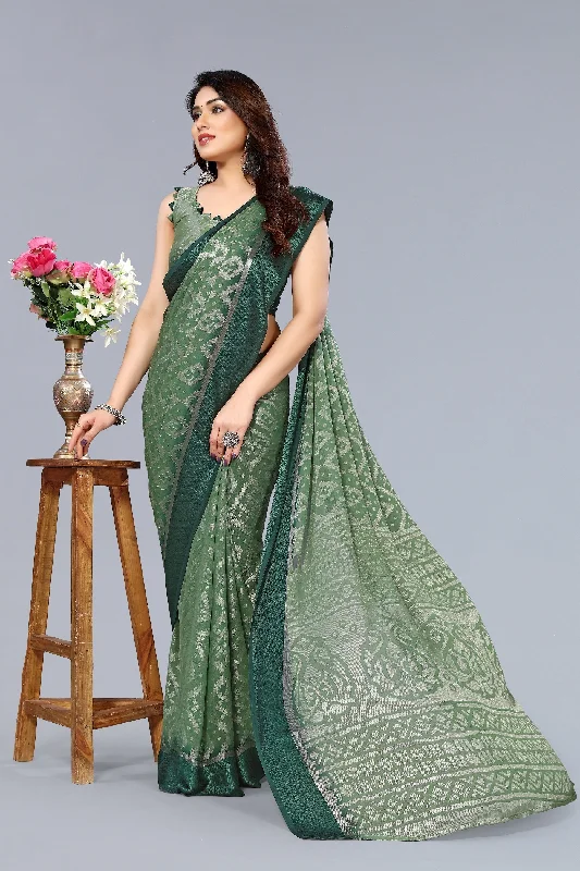 NOZ2TOZ Women Party Wear Printed Brasso Chiffon Saree with Unstitched Blouse - Olive Green Office Formal Blouse NOZ2TOZ Women Party Wear Printed Brasso Chiffon Saree with Unstitched Blouse - Olive Green Office Formal Blouse