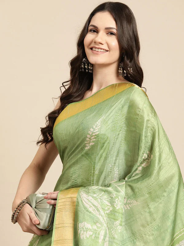 Green Silk Blend Digital Print Floral Saree with Unstitched Blouse - Hiral Fashion Elegant Embroidery Blouse