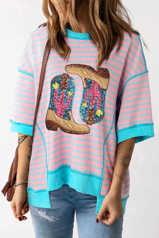 Pink Stripe Sequin Western Cactus Boots Graphic Half Sleeve T Shirt-- Jersey Fabric Tulle Fabric Batik Fabric Pink Stripe Sequin Western Cactus Boots Graphic Half Sleeve T Shirt-- Jersey Fabric Tulle Fabric Batik Fabric