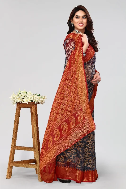 NOZ2TOZ Women Party Wear Printed Brasso Chiffon Saree with Unstitched Blouse - Grey Ruffled Neck Blouse NOZ2TOZ Women Party Wear Printed Brasso Chiffon Saree with Unstitched Blouse - Grey Ruffled Neck Blouse