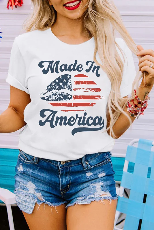 White Made in America Lip Printed O Neck T Shirt-- Cozy Warm Stylish