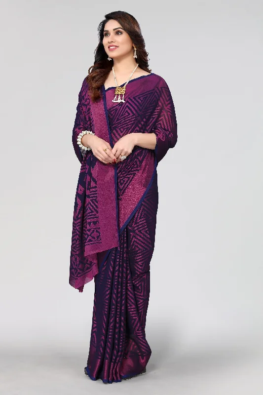 NOZ2TOZ Women Party Wear Printed Brasso Chiffon Saree with Unstitched Blouse - Navy Blue Frilled Cuff Blouse NOZ2TOZ Women Party Wear Printed Brasso Chiffon Saree with Unstitched Blouse - Navy Blue Frilled Cuff Blouse