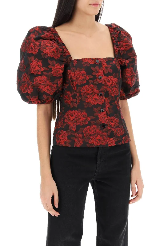 Ganni Blouse In Floral Jacquard Vintage Polka Blouse