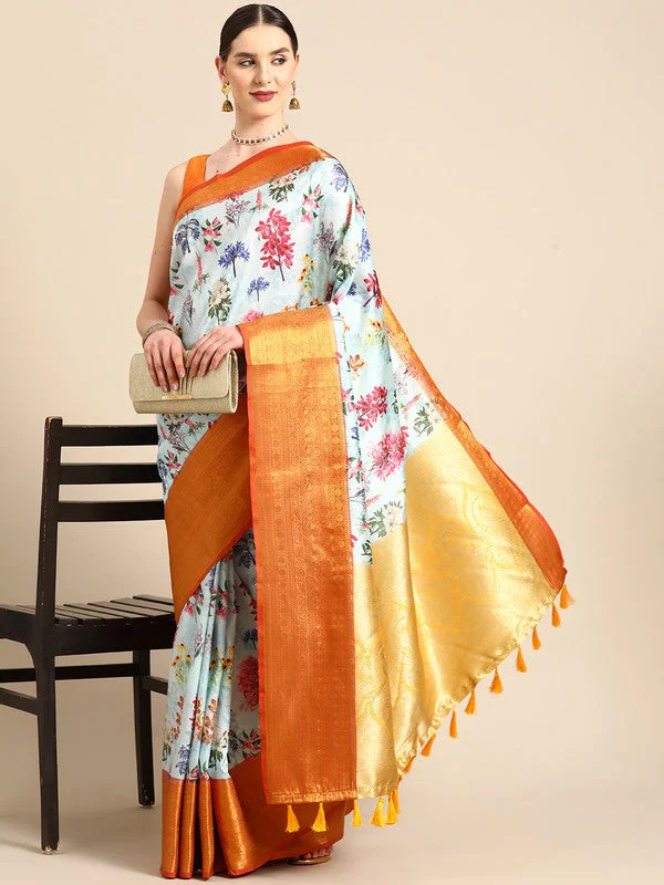 Sky Blue Pure Silk Digital Print Floral Saree with Unstitched Blouse - Hiral Fashion Relaxed Fit Blouse Sky Blue Pure Silk Digital Print Floral Saree with Unstitched Blouse - Hiral Fashion Relaxed Fit Blouse