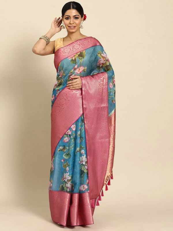 Turquoise Munga Silk Digital Print Floral Saree with Unstitched Blouse - Hiral Fashion Cotton Casual Blouse Turquoise Munga Silk Digital Print Floral Saree with Unstitched Blouse - Hiral Fashion Cotton Casual Blouse