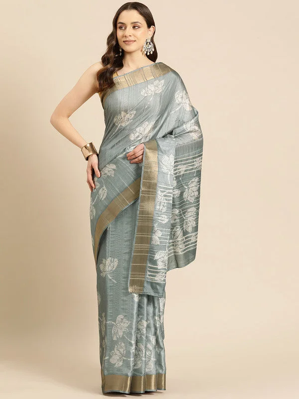 Gray Silk Blend Digital Print Floral Saree with Unstitched Blouse - Hiral Fashion Gathered Detail Blouse Gray Silk Blend Digital Print Floral Saree with Unstitched Blouse - Hiral Fashion Gathered Detail Blouse