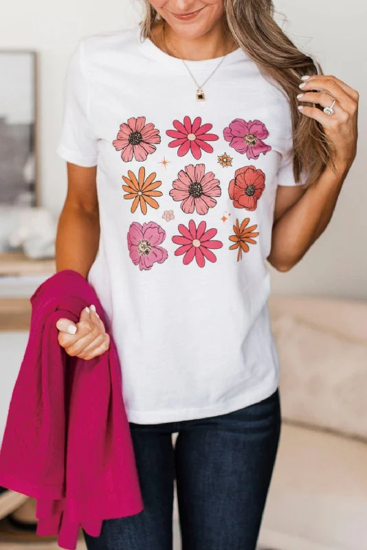 White Flower Graphic Crewneck T Shirt-- Polka Dot Checkered Tartan