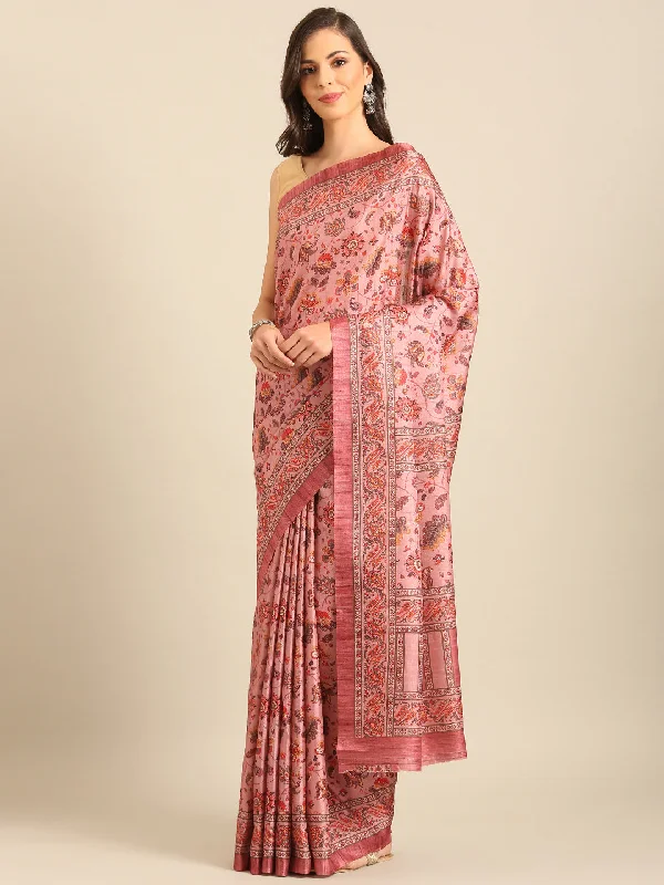 Women Pink Cotton Saree With Un Stitched Blouse - Aanika Ruched Sleeve Blouse