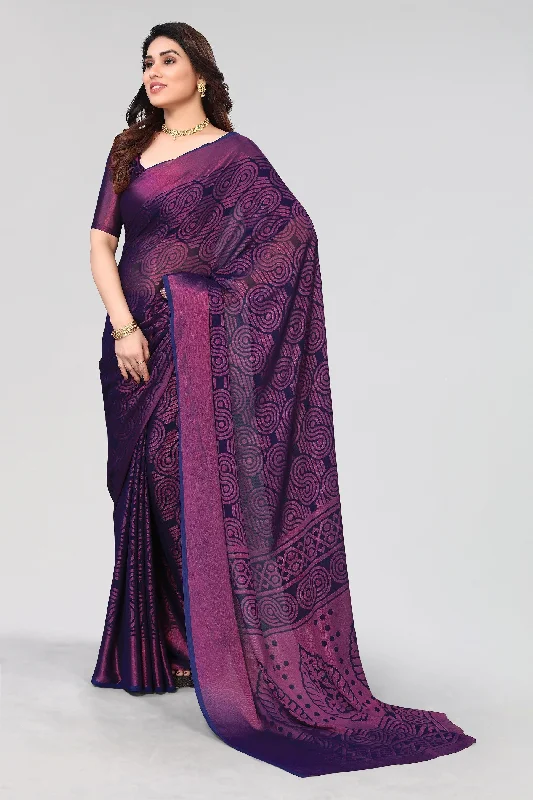 NOZ2TOZ Women Party Wear Printed Brasso Chiffon Saree with Unstitched Blouse - Navy Blue Classic Striped Blouse NOZ2TOZ Women Party Wear Printed Brasso Chiffon Saree with Unstitched Blouse - Navy Blue Classic Striped Blouse
