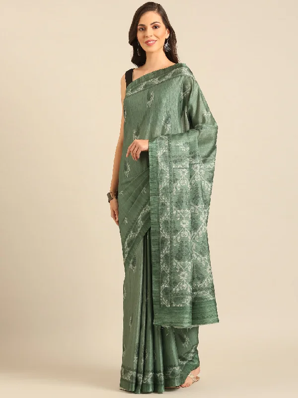Women Green Cotton Saree With Un Stitched Blouse - Aanika Sheer Sleeve Blouse