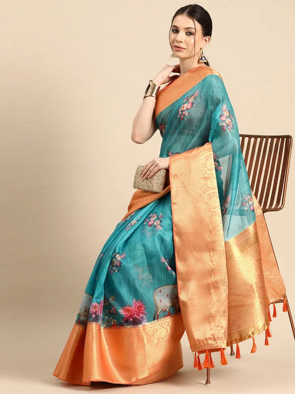Turquoise Munga Silk Digital Print Animal Print Saree with Unstitched Blouse - Hiral Fashion Chic Off-Shoulder Blouse Turquoise Munga Silk Digital Print Animal Print Saree with Unstitched Blouse - Hiral Fashion Chic Off-Shoulder Blouse