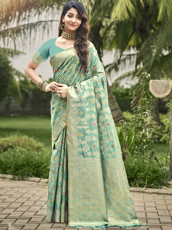 Women Teal Blue Organza Saree With Un Stitched Blouse - Aanika Silky Tunic Blouse