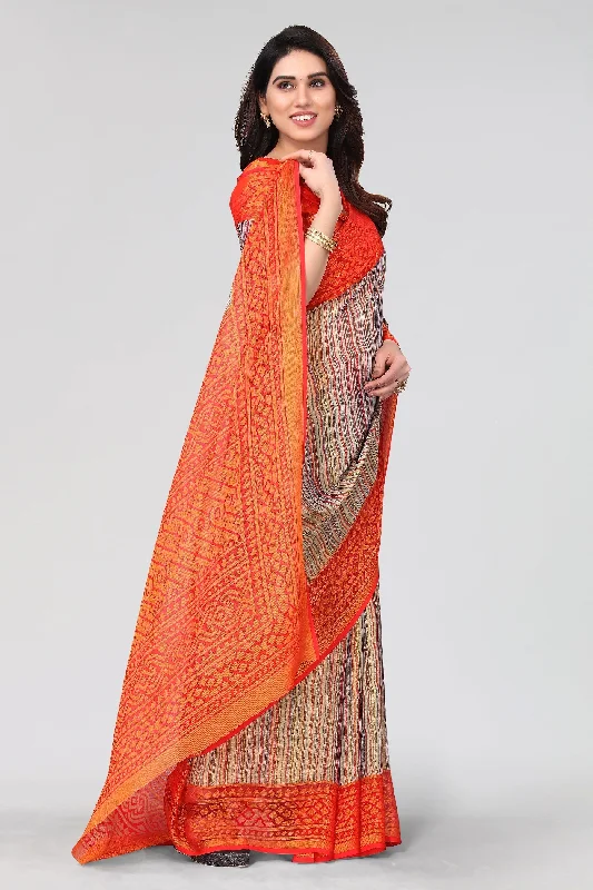 NOZ2TOZ Women Party Wear Printed Brasso Chiffon Saree with Unstitched Blouse - Red Silky Draped Blouse NOZ2TOZ Women Party Wear Printed Brasso Chiffon Saree with Unstitched Blouse - Red Silky Draped Blouse