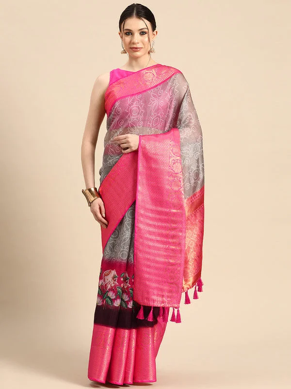 Gray Munga Silk Digital Print Bandhani Saree with Unstitched Blouse - Hiral Fashion Chic Square Blouse Gray Munga Silk Digital Print Bandhani Saree with Unstitched Blouse - Hiral Fashion Chic Square Blouse